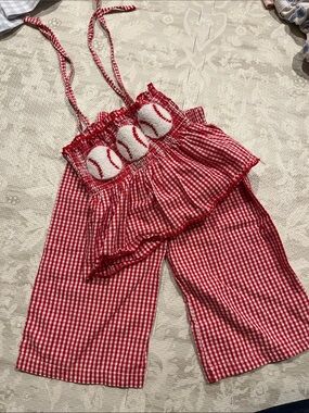 Red Gingham Girls' Baseball Smocked Romper